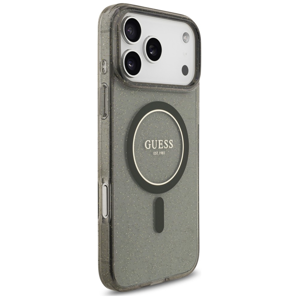 Dėklas Guess IML Glitter Pearl Strap su MagSafe, skirtas iPhone 18 Pro / 17 Pro, juodas aprašymas - Prekės nuotrauka
