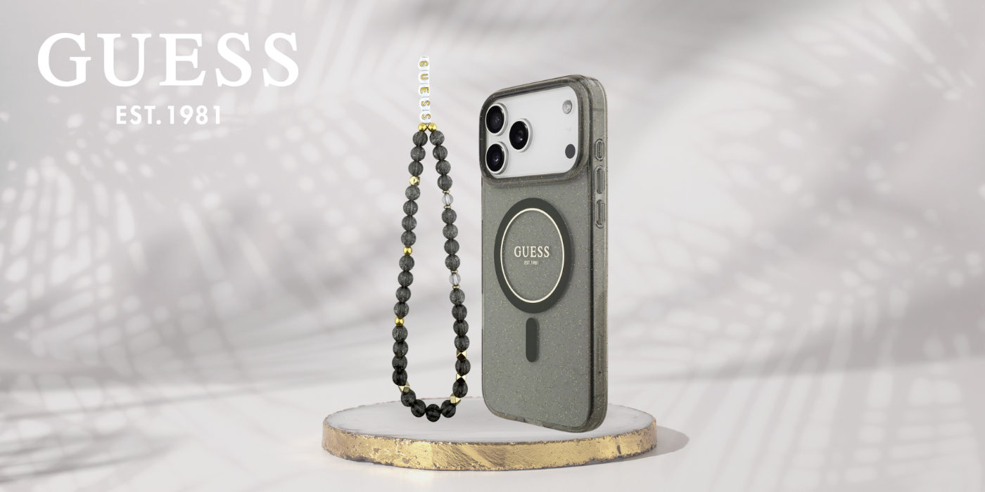 Dėklas Guess IML Glitter Pearl su dirželiu ir MagSafe funkcija, skirtas iPhone 18 Pro Max / 17 Pro Max, juodas aprašymas - Prekės nuotrauka
