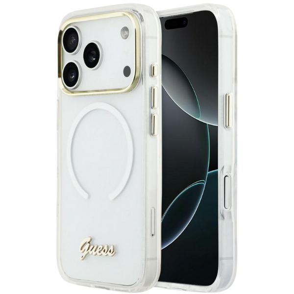 „Guess IML Gradient Script“ metalinis „MagSafe“ dėklas, skirtas „iPhone 17“ – Baltas aprašymas - Prekės nuotrauka