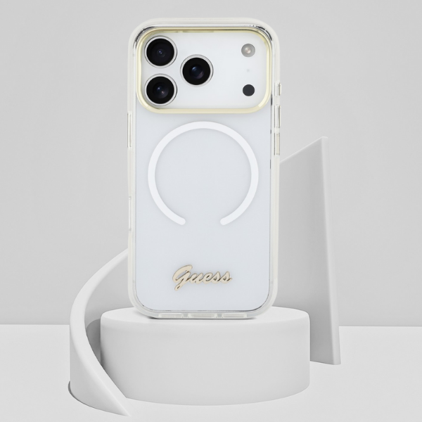 „Guess IML Gradient Script“ metalinis „MagSafe“ dėklas, skirtas „iPhone 17“ – Baltas aprašymas - Prekės nuotrauka