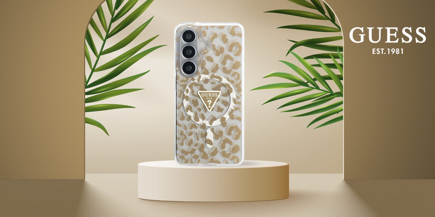 Dėklas Guess IML Leopard Print Triangle MagSafe Samsung Galaxy S26 rudos spalvos aprašymas - Prekės nuotrauka