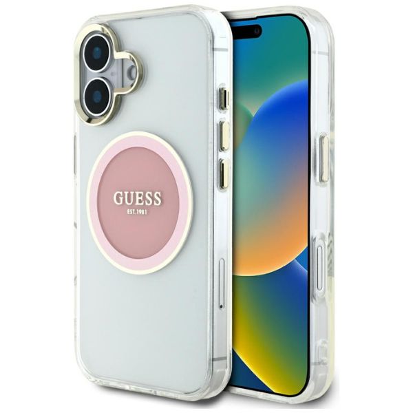 Dėklas Guess IML Metal Colored Circle Classic Logo MagSafe Apple iPhone 16 rožinės spalvos aprašymas - Prekės nuotrauka