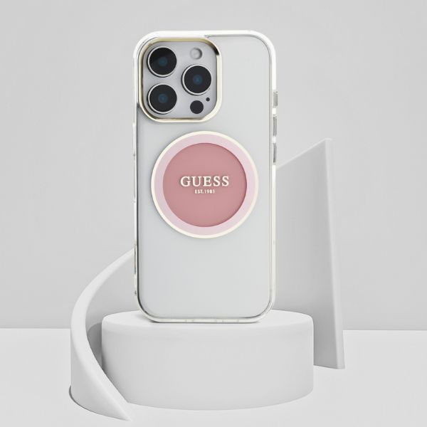 Dėklas Guess IML Metal Colored Circle Classic Logo MagSafe Apple iPhone 16 Pro rožinės spalvos aprašymas - Prekės nuotrauka