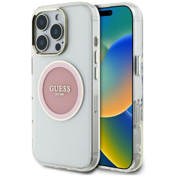 Dėklas Guess IML Metal Colored Circle Classic Logo MagSafe Apple iPhone 16 Pro Max rožinės spalvos aprašymas - Prekės nuotrauka Dėklas Guess IML Metal Colored Circle Classic Logo MagSafe Apple iPhone 16 Pro Max rožinės spalvos aprašymas - Prekės nuotrauka