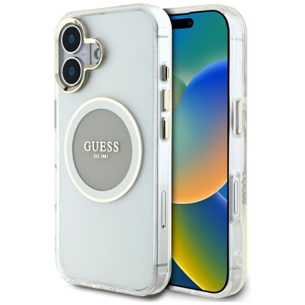 Dėklas Guess IML Metal Colored Circle Classic Logo MagSafe Apple iPhone 16 pilkas aprašymas - Prekės nuotrauka