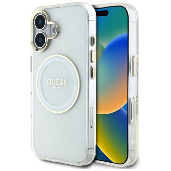 Dėklas Guess IML Metal Colored Circle Classic Logo MagSafe Apple iPhone 16 baltos spalvos aprašymas - Prekės nuotrauka