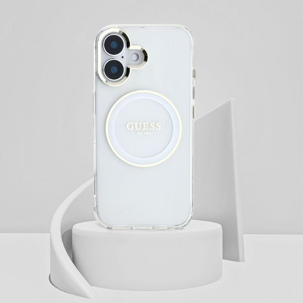 Dėklas Guess IML Metal Colored Circle Classic Logo MagSafe Apple iPhone 16 baltos spalvos aprašymas - Prekės nuotrauka