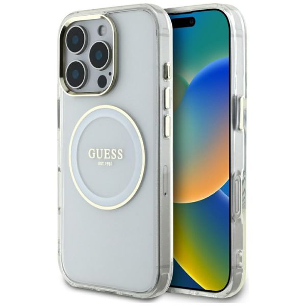 Dėklas Guess IML Metal Colored Circle Classic Logo MagSafe Apple iPhone 16 Pro baltos spalvos aprašymas - Prekės nuotrauka