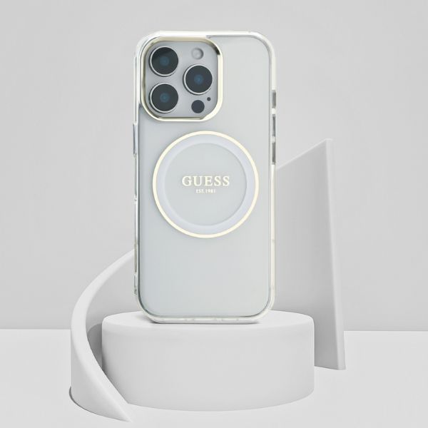 Dėklas Guess IML Metal Colored Circle Classic Logo MagSafe Apple iPhone 16 Pro Max baltos spalvos aprašymas - Prekės nuotrauka Dėklas Guess IML Metal Colored Circle Classic Logo MagSafe Apple iPhone 16 Pro Max baltos spalvos aprašymas - Prekės nuotrauka