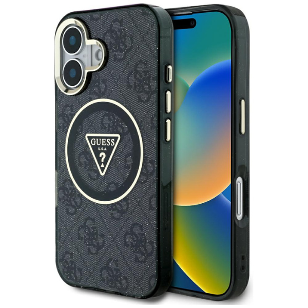 Dėklas Guess IML Metal Glitter 4G Circle Triangle MagSafe Apple iPhone 16 juodos spalvos aprašymas - Prekės nuotrauka Dėklas Guess IML Metal Glitter 4G Circle Triangle MagSafe Apple iPhone 16 juodos spalvos aprašymas - Prekės nuotrauka