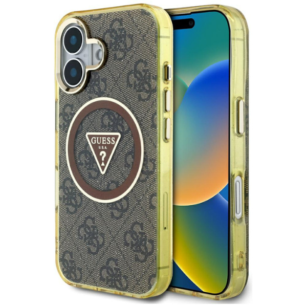 Dėklas Guess IML Metal Glitter 4G Circle Triangle MagSafe Apple iPhone 16 rudos spalvos aprašymas - Prekės nuotrauka