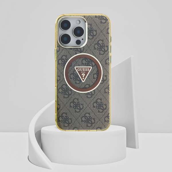 Dėklas Guess IML Metal Glitter 4G Circle Triangle MagSafe Phone 16 Pro rudos spalvos aprašymas - Prekės nuotrauka