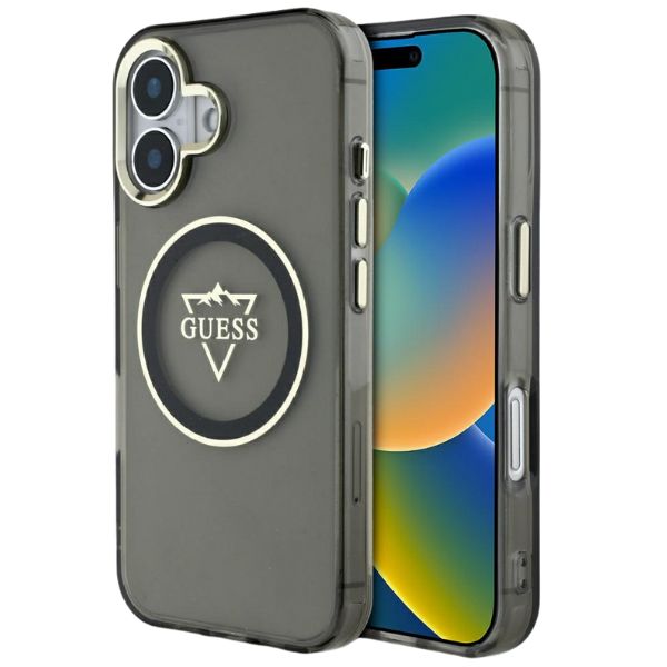 Guess IML Metal Mountain Logo MagSafe dėklas iPhone 16, juodos spalvos aprašymas - Prekės nuotrauka