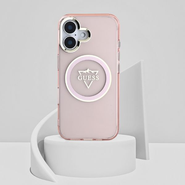 Dėklas Guess IML Metal Mountain Logo MagSafe iPhone 16 rožinės spalvos aprašymas - Prekės nuotrauka