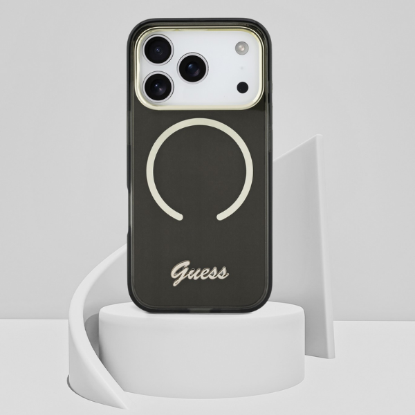 „Guess IML Script“ metalinis „MagSafe“ dėklas, skirtas „iPhone 17“ – Juodas aprašymas - Prekės nuotrauka