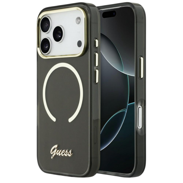 „Guess IML Script“ metalinis „MagSafe“ dėklas, skirtas „iPhone 17“ – Juodas aprašymas - Prekės nuotrauka