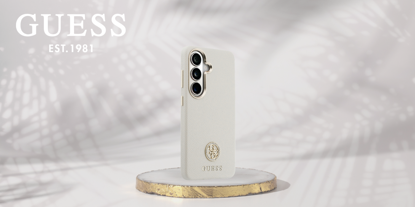 Dėklas Guess Rhinestone Round Logo MagSafe Samsung Galaxy S26 Plus beige aprašymas - Prekės nuotrauka