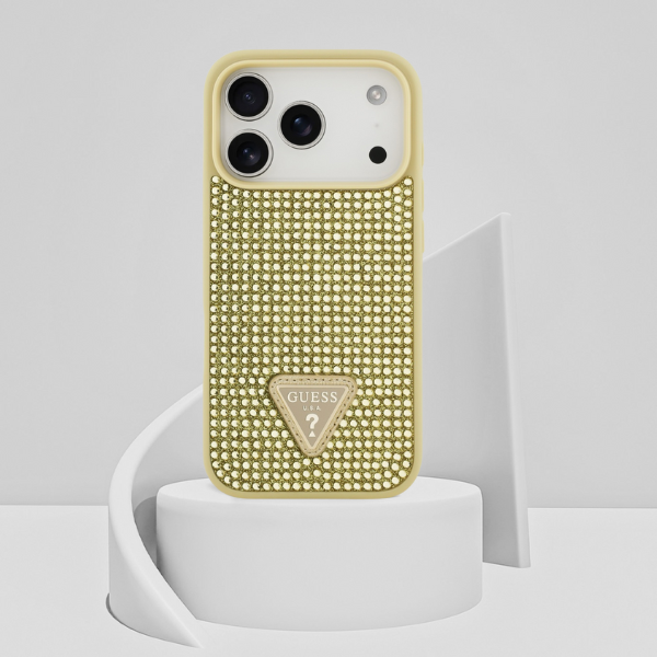 Dėklas Guess Rhinestone Triangle Logo iPhone 17 Pro auksinis aprašymas - Prekės nuotrauka