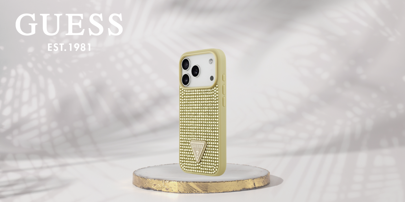 Dėklas Guess Rhinestone Triangle Logo iPhone 17 Pro auksinis aprašymas - Prekės nuotrauka