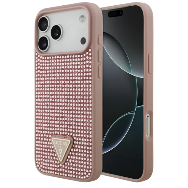 Dėklas Guess Rhinestone Triangle Logo skirtas Apple iPhone 17 Pro Max rožinės spalvos aprašymas - Prekės nuotrauka