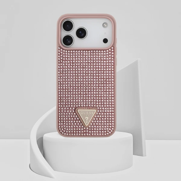 Dėklas Guess Rhinestone Triangle Logo skirtas Apple iPhone 17 Pro Max rožinės spalvos aprašymas - Prekės nuotrauka