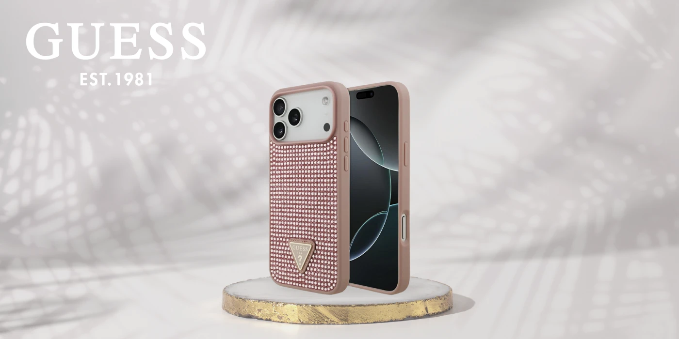 Dėklas Guess Rhinestone Triangle Logo skirtas Apple iPhone 17 Pro Max rožinės spalvos aprašymas - Prekės nuotrauka