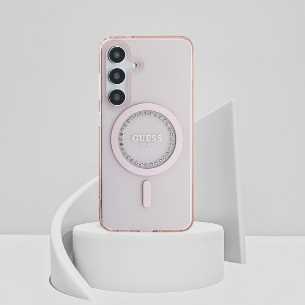 Dėklas Guess Rhinestones Printed Classic Logo MagSafe Samsung Galaxy S25 rožinės spalvos aprašymas - Prekės nuotrauka Dėklas Guess Rhinestones Printed Classic Logo MagSafe Samsung Galaxy S25 rožinės spalvos aprašymas - Prekės nuotrauka