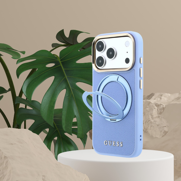 Dėklas Guess Ring Stand 360 Grained Classic Logo MagSafe, skirtas iPhone 18 Pro / 17 Pro, šviesiai mėlynas aprašymas - Prekės nuotrauka