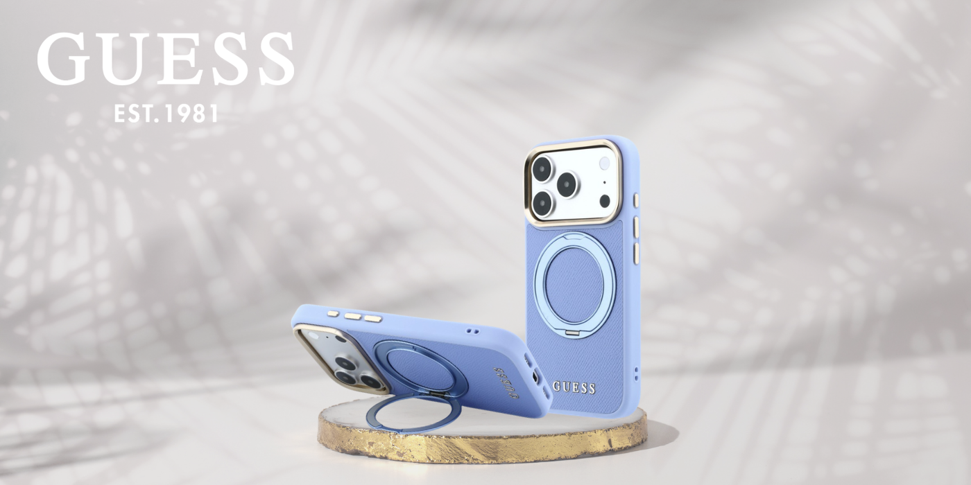Dėklas Guess Ring Stand 360 Grained Classic Logo MagSafe, skirtas iPhone 18 Pro / 17 Pro, šviesiai mėlynas aprašymas - Prekės nuotrauka