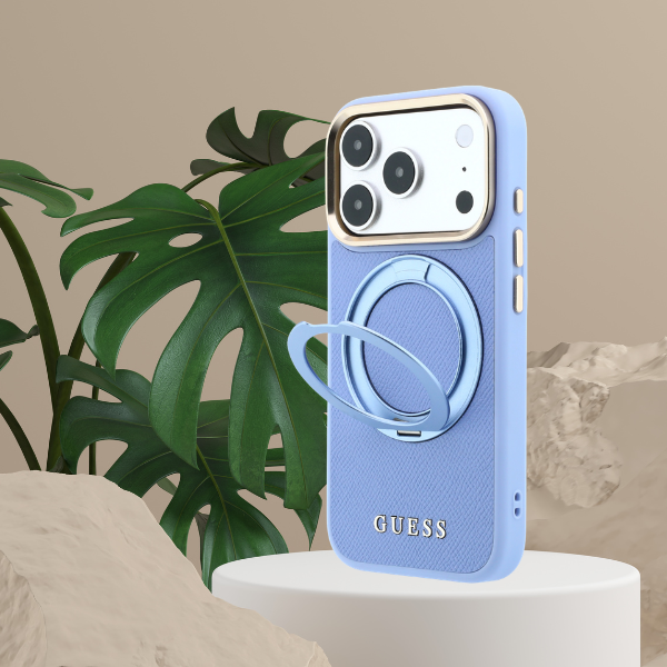 Dėklas Guess Ring Stand 360 Grained Classic Logo MagSafe, skirtas iPhone 18 Pro Max/17 Pro Max, šviesiai mėlynas aprašymas - Prekės nuotrauka
