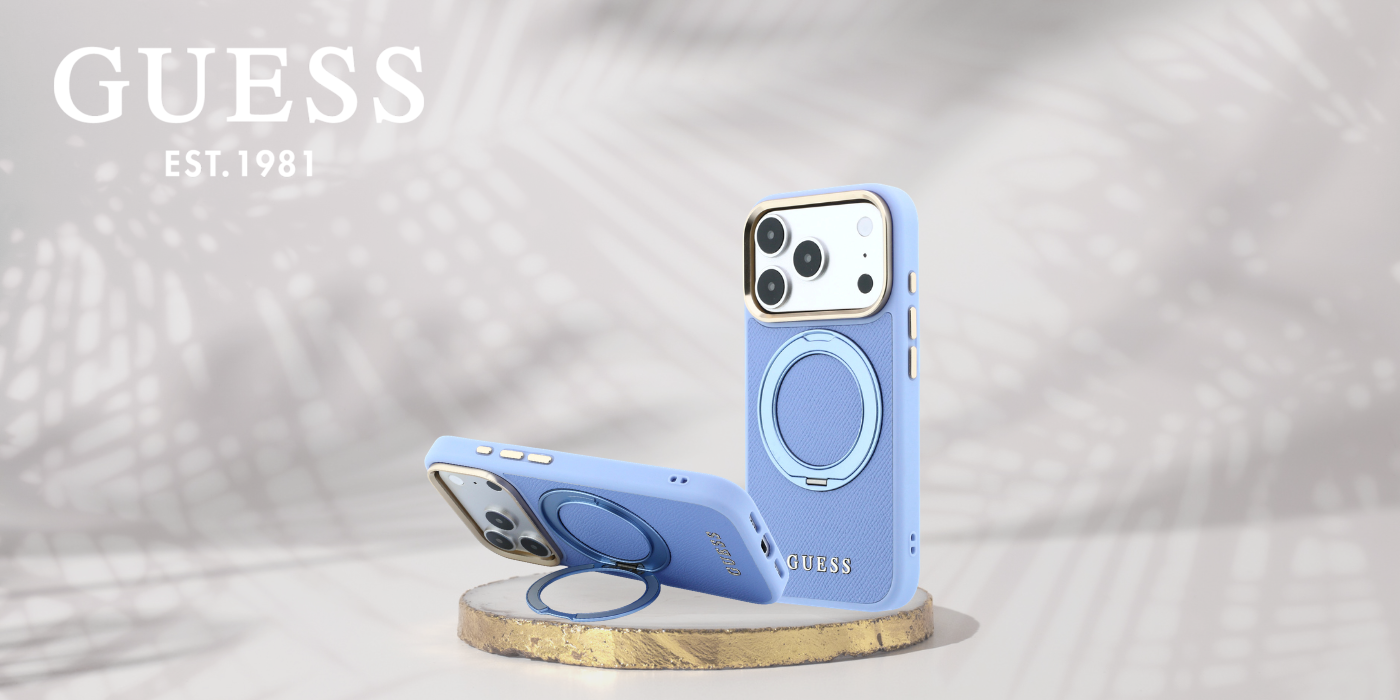 Dėklas Guess Ring Stand 360 Grained Classic Logo MagSafe, skirtas iPhone 18 Pro Max/17 Pro Max, šviesiai mėlynas aprašymas - Prekės nuotrauka