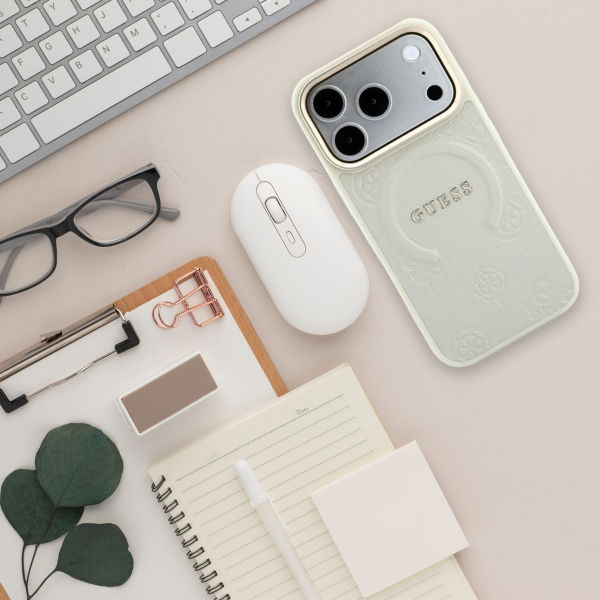 Dėklas Guess Saffiano Peony & Ring MagSafe, skirtas iPhone 18 Pro / 17 Pro, smėlio spalvos aprašymas - Prekės nuotrauka