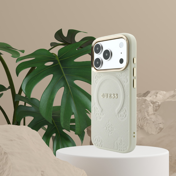 Dėklas Guess Saffiano Peony & Ring MagSafe, skirtas iPhone 18 Pro / 17 Pro, smėlio spalvos aprašymas - Prekės nuotrauka