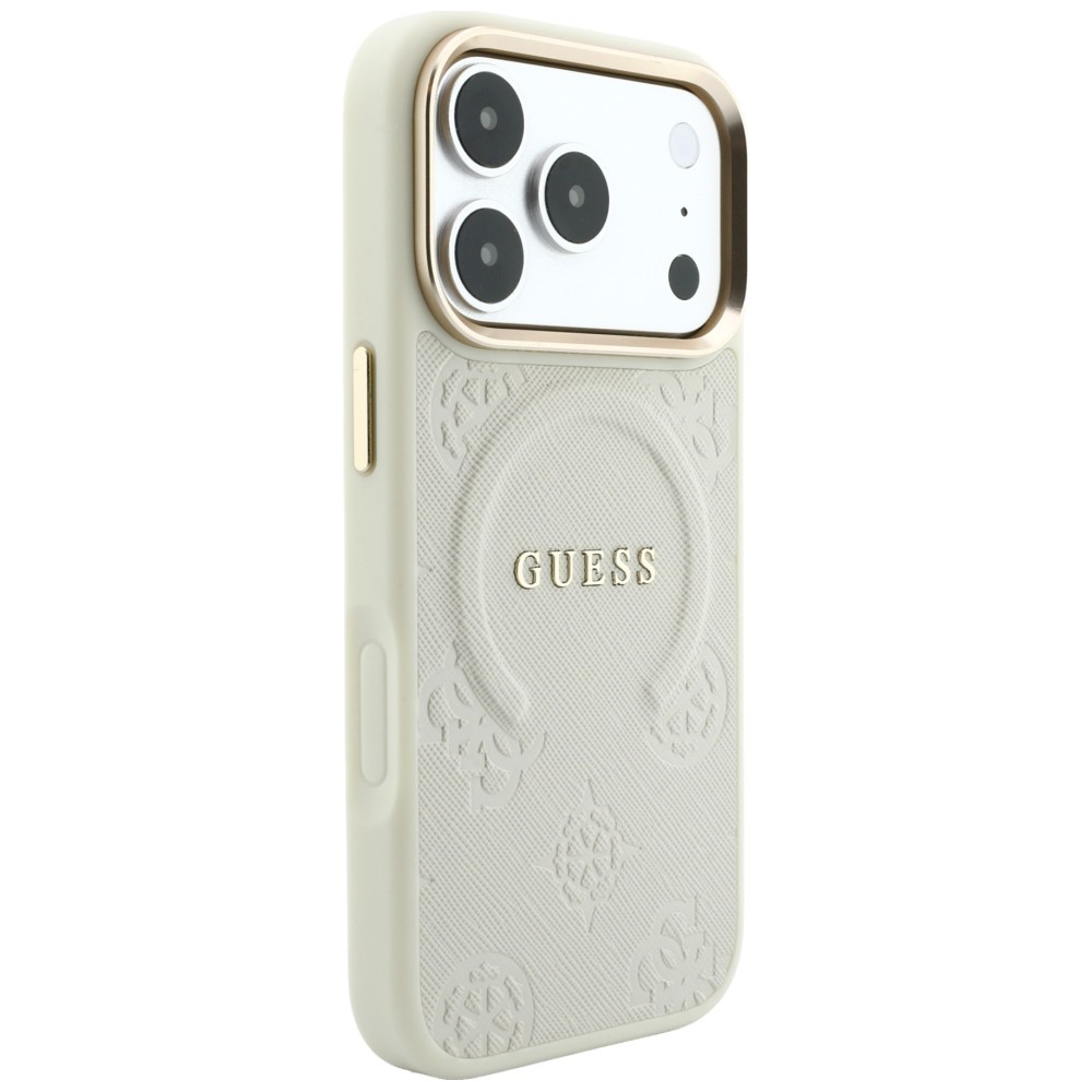 Dėklas Guess Saffiano Peony & Ring MagSafe, skirtas iPhone 18 Pro / 17 Pro, smėlio spalvos aprašymas - Prekės nuotrauka