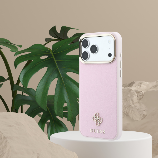 Dėklas Guess Saffiano Small 4G & Classic Logo MagSafe, skirtas iPhone 18 Pro / 17 Pro, rožinis aprašymas - Prekės nuotrauka