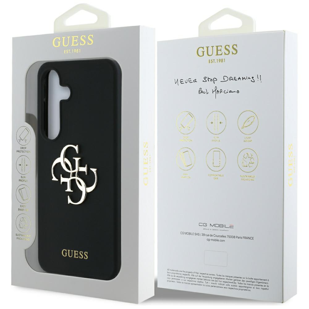 Dėklas Guess Silicone Big 4G Logo Bottom Script Samsung Galaxy S25 juodos spalvos aprašymas - Prekės nuotrauka