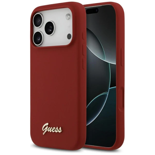 Dėklas Guess Silicone Script Metal Logo MagSafe skirtas Apple iPhone 17 Pro magenta aprašymas - Prekės nuotrauka