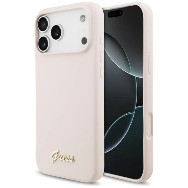 Dėklas Guess Silicone Script Metal Logo MagSafe skirtas Apple iPhone 17 Pro Max rožinės spalvos aprašymas - Prekės nuotrauka