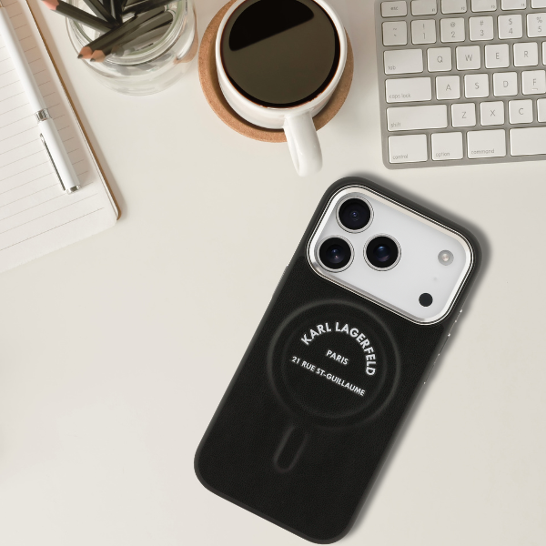 Dėklas Karl Lagerfeld Embossed Open Ring RSG Logo MagSafe skirtas iPhone 18 Pro Max / 17 Pro Max juodas aprašymas - Prekės nuotrauka