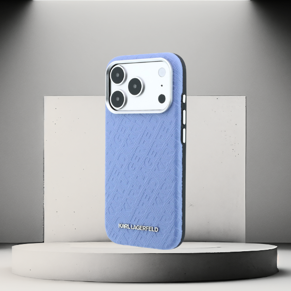 Dėklas Karl Lagerfeld Grained Allover Logo Metal Elongated MagSafe skirtas iPhone 18 Pro / 17 Pro mėlynas aprašymas - Prekės nuotrauka