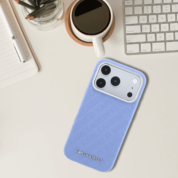 Dėklas Karl Lagerfeld Grained Allover Logo Metal Elongated MagSafe skirtas iPhone 18 Pro / 17 Pro mėlynas aprašymas - Prekės nuotrauka