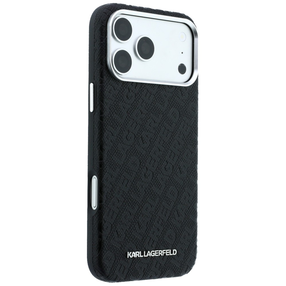 Dėklas Karl Lagerfeld Grained Allover Logo Metal Elongated skirtas iPhone 18 Pro Max/17 Pro Max juodas aprašymas - Prekės nuotrauka