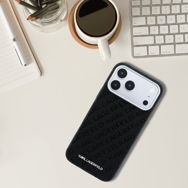 Dėklas Karl Lagerfeld Grained Allover Logo Metal Elongated skirtas iPhone 18 Pro Max/17 Pro Max juodas aprašymas - Prekės nuotrauka