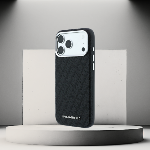 Dėklas Karl Lagerfeld Grained Allover Logo Metal Elongated skirtas iPhone 18 Pro Max/17 Pro Max juodas aprašymas - Prekės nuotrauka