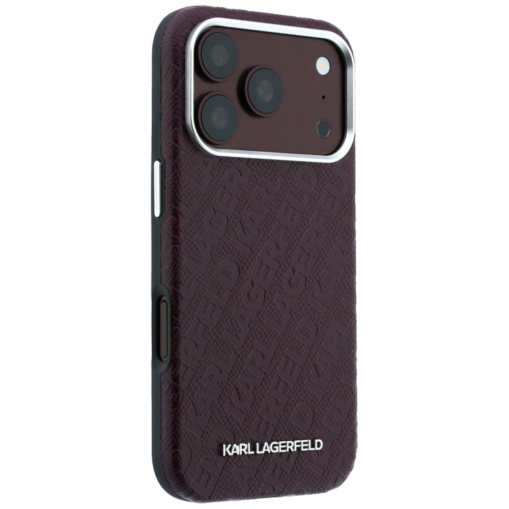Dėklas Karl Lagerfeld Grained Allover Logo Metal Elongated MagSafe skirtas iPhone 18 Pro / 17 Pro burgundy aprašymas - Prekės nuotrauka