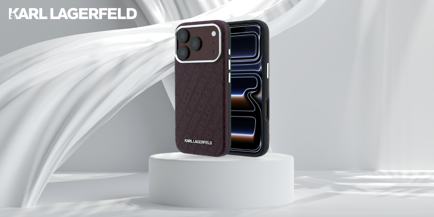 Dėklas Karl Lagerfeld Grained Allover Logo Metal Elongated MagSafe skirtas iPhone 18 Pro / 17 Pro burgundy aprašymas - Prekės nuotrauka