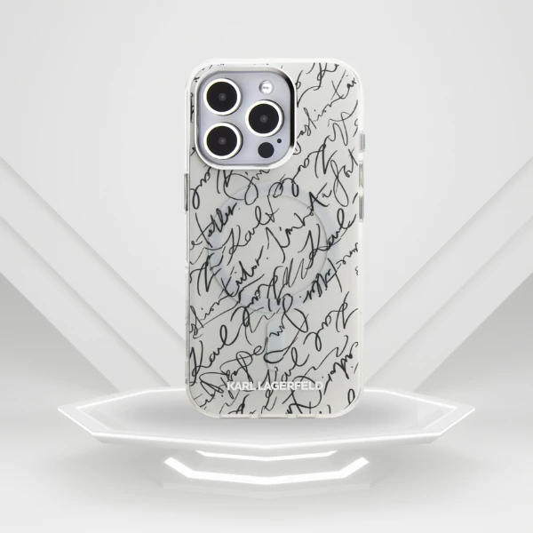 Dėklas Karl Lagerfeld IML Karl Script Pattern MagSafe skirtas Apple iPhone 16 Pro baltos spalvos aprašymas - Prekės nuotrauka