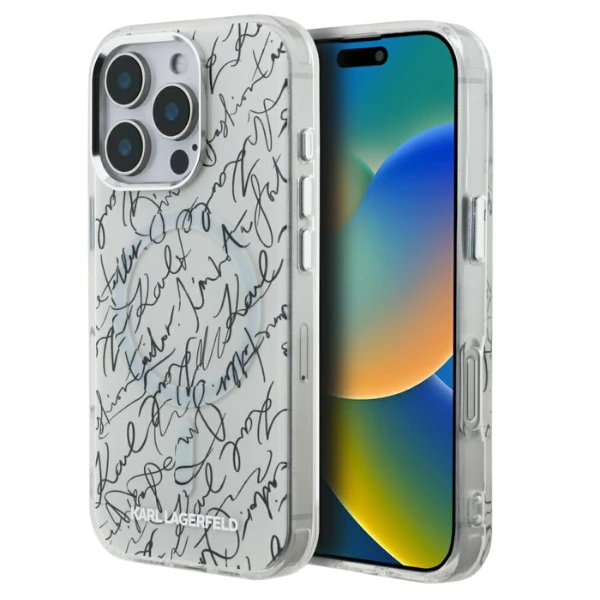 Dėklas Karl Lagerfeld IML Karl Script Pattern MagSafe skirtas Apple iPhone 16 Pro baltos spalvos aprašymas - Prekės nuotrauka