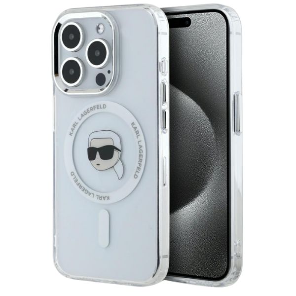 Dėklas Karl Lagerfeld IML Metal Karl Head MagSafe Apple iPhone 15 Pro Max baltos spalvos aprašymas - Prekės nuotrauka