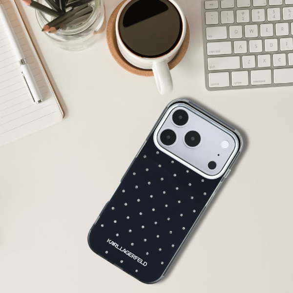 Dėklas Karl Lagerfeld IML Rhinestones Allover and Electroplated Logo skirtas iPhone 18 Pro / 17 Pro juodas aprašymas - Prekės nuotrauka